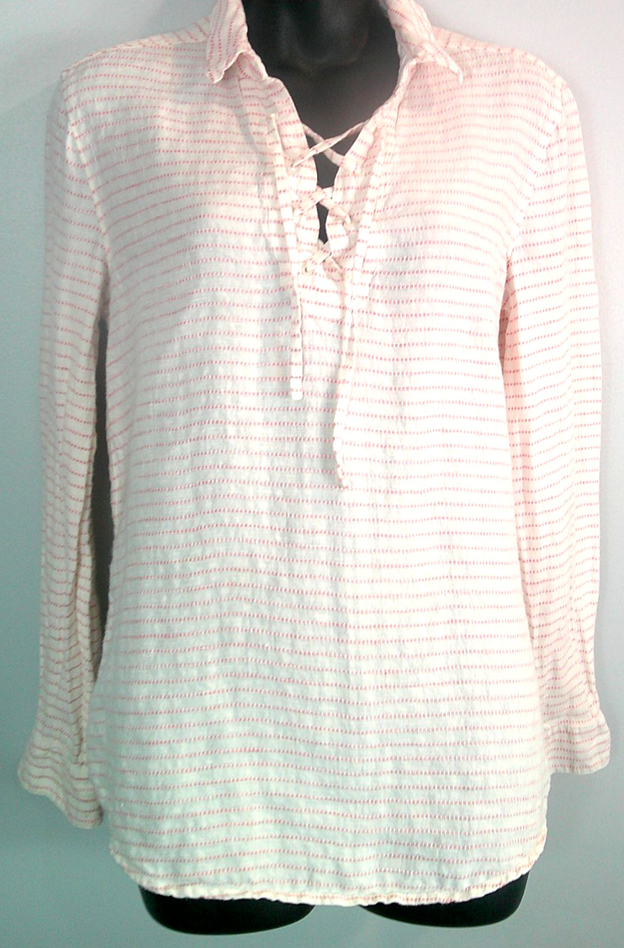 Tommy Bahama Long Sleeve Women's XS Pink Off White Lack up split neckline soft &